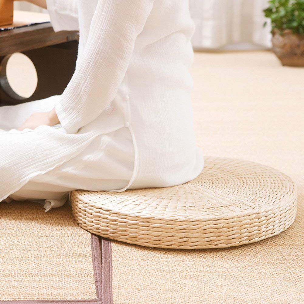2 Pack Tatami Floor Pillow Sitting Cushion Bigger Size, Round Padded Room Floor Straw Mat for Outdoor Seat (Dia: 19.7)