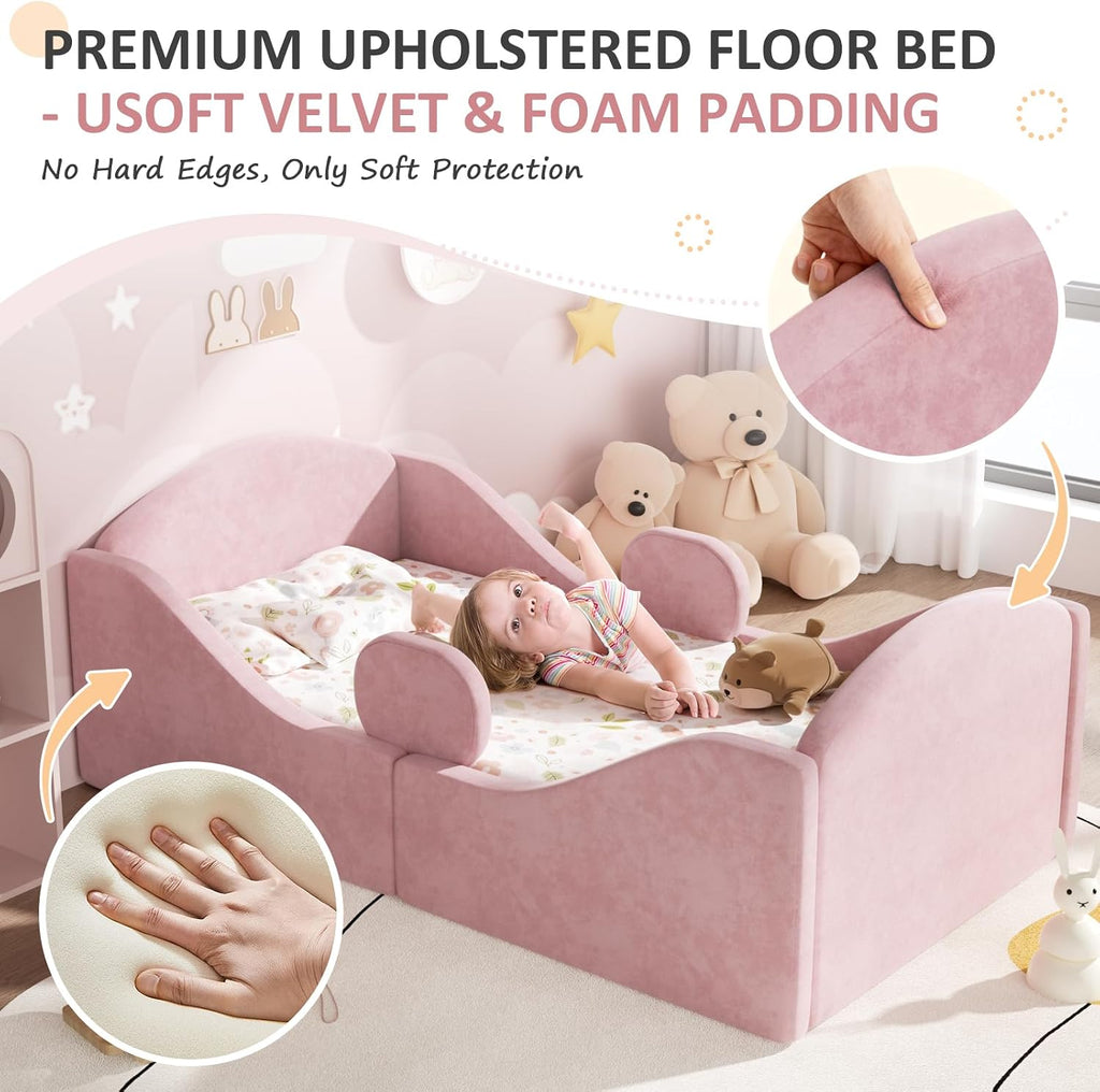 Toddler Bed, Toddler Floor Bed with Removable Safety Rails, Pink
