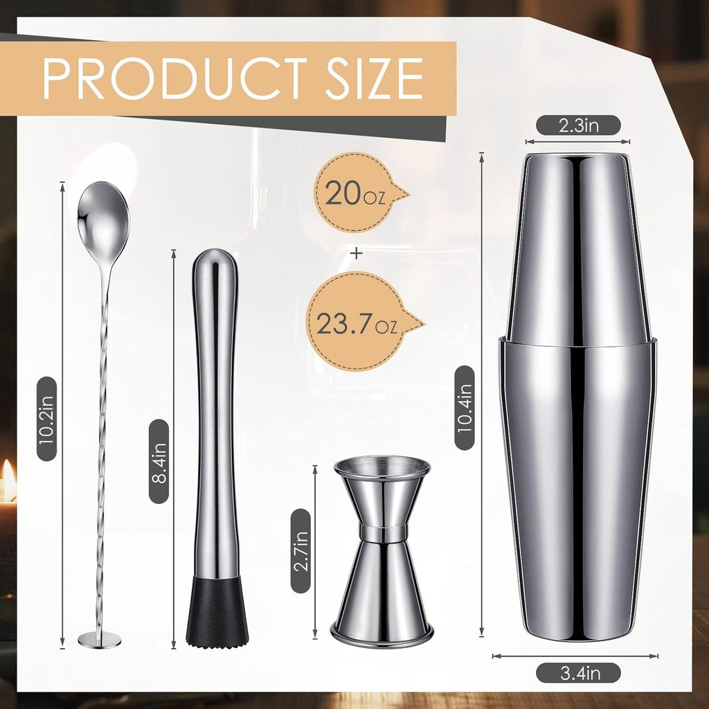 Cocktail Shaker Set, Stainless Steel Bar Set Including Boston Shaker, Muddler, Double Measuring Jigger, Mixing - Set of 16