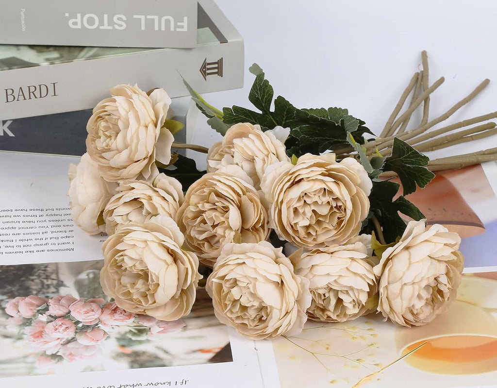 Beige Peonies Artificial Flowers Silk Peonies with Stems Real Look Fake Peony Table Decorations Wedding Faux - Set of 10