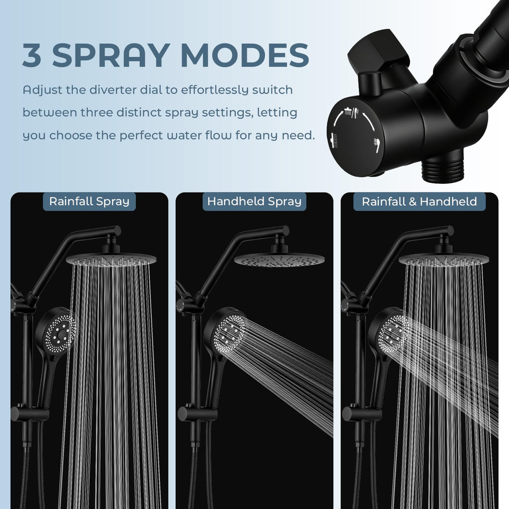 9" Rain Shower Head w/Handheld Combo, Slide Bar, Matte Black