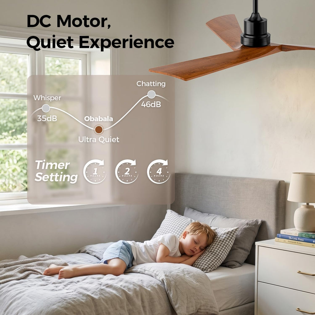 Inspired Adler Style 52" Solid Wood Ceiling Fan Without Light, 3 Sculpted Blades, Quiet DC Motor, 6-Speed Remote - Black and Walnut
