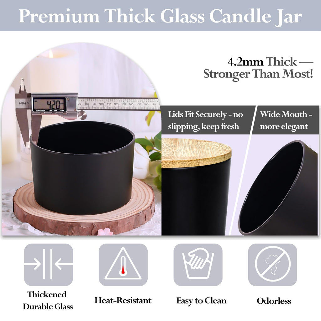6 Pack 24oz Matte Black Glass Candle Jars with Airtight Bamboo Lids
