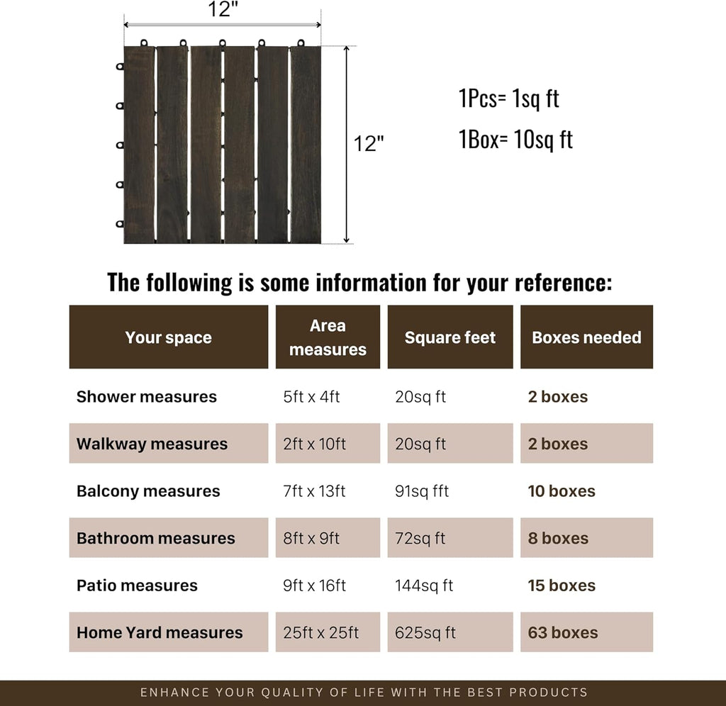 Interlocking Deck Tiles, Acacia Hardwood Outdoor Flooring, Dark Brown Deck Tiles, 12 12 Inch Striped Patio Floor Tiles