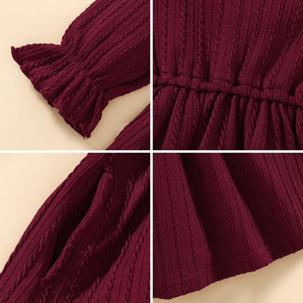 Toddler Baby Girl Dress Puff Long Sleeve Knit Sweater Fall Winter Ribbed Ruffle Casual Solid Dress with Pockets