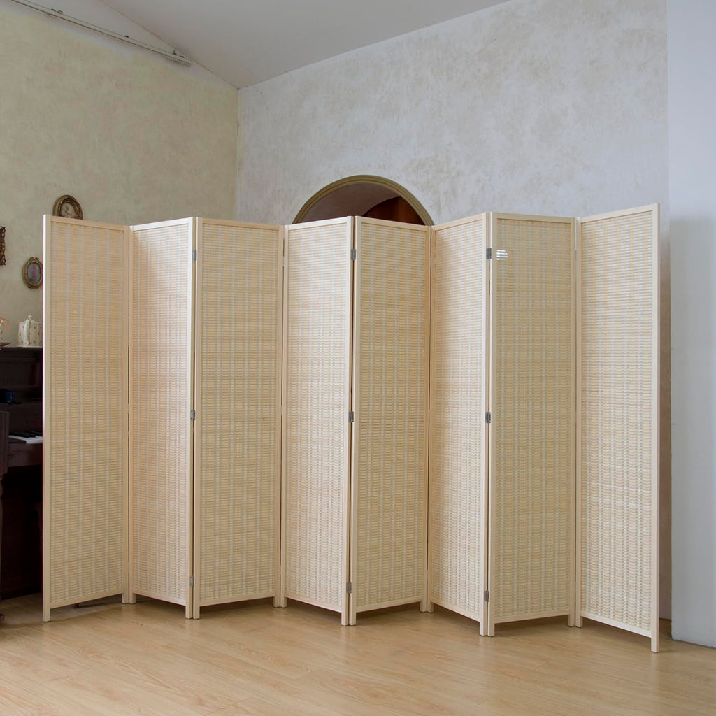8 Panel Bamboo Room Divider - 5.6 ft Tall Natural Beige Folding Privacy Screen, Double-Sided Freestanding Partition