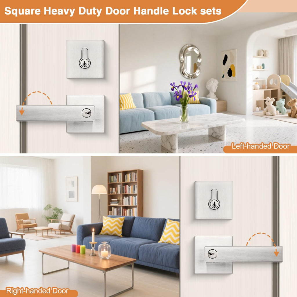 Square Entrance Lever with Single Cylinder Deadbolt Set Keyed Alike Combo Pack( and Front Door), Heavy Duty Satin