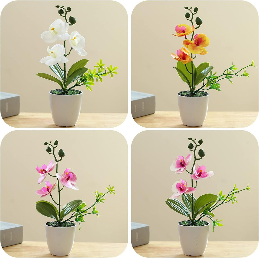 Artificial Orchid Flowers Mini Potted Orchid Flowers Fake Orchids with Plastic Vase Wedding Table Centerpiece - Set of 4