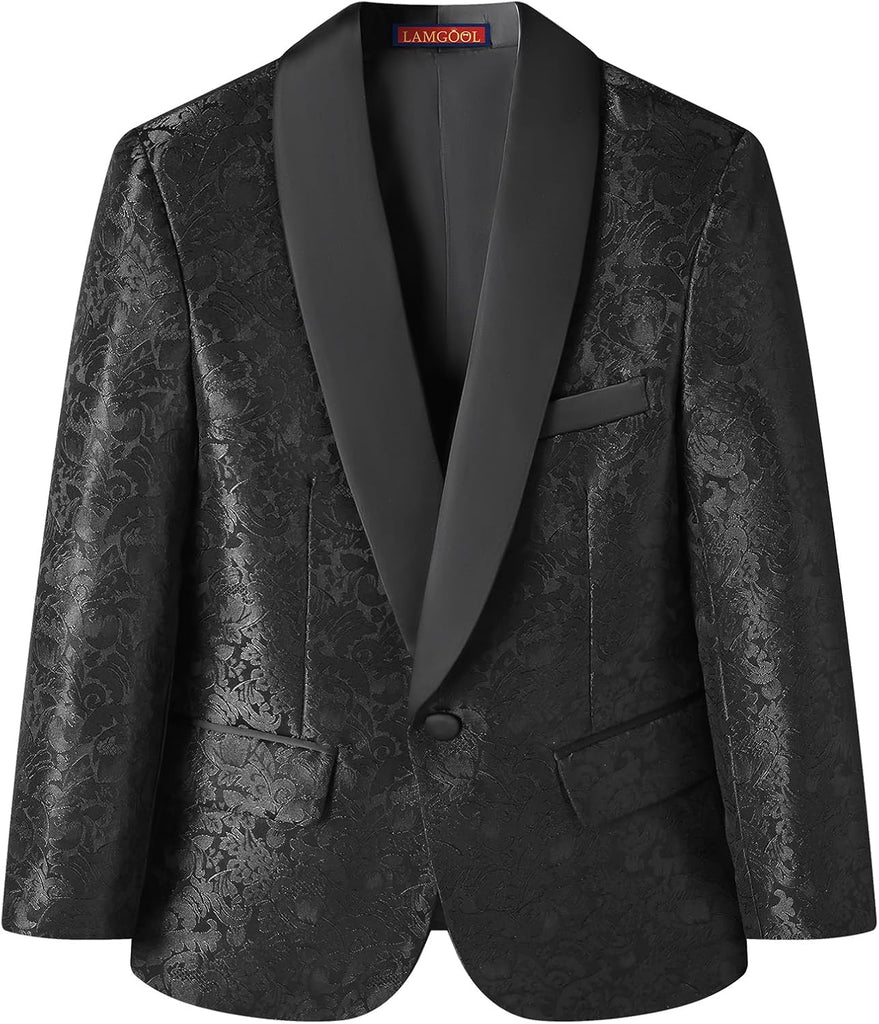 Boys Suit 3 Pieces Slim Fit Tuxedo Formal Set with Floral Jacquard Jacket Pant Vest for Wedding Prom Party