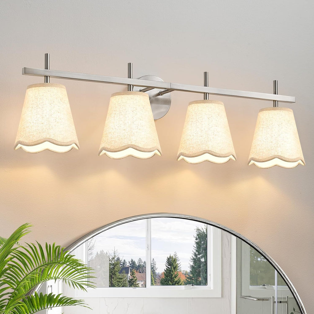 4-Light Bathroom Light Fixtures, Brushed Nickel Vanity Light,Modern Vanity Lights with Scalloped Linen Fabric Shade