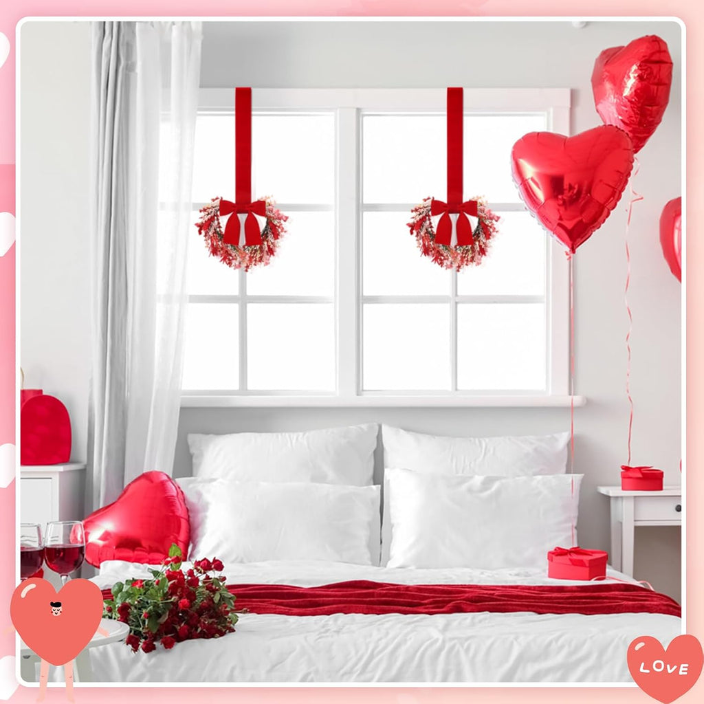 9" Small Valentines Day Wreath for Cabinet Front Door Valentine Wreath Red Artificial Heart Flower Spring - Set of 2