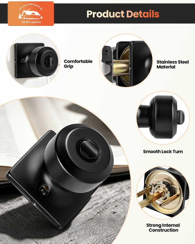 Keyed Alike Black Entry Door Knobs, DoorKnobs with Lock and Key, 1 Pack