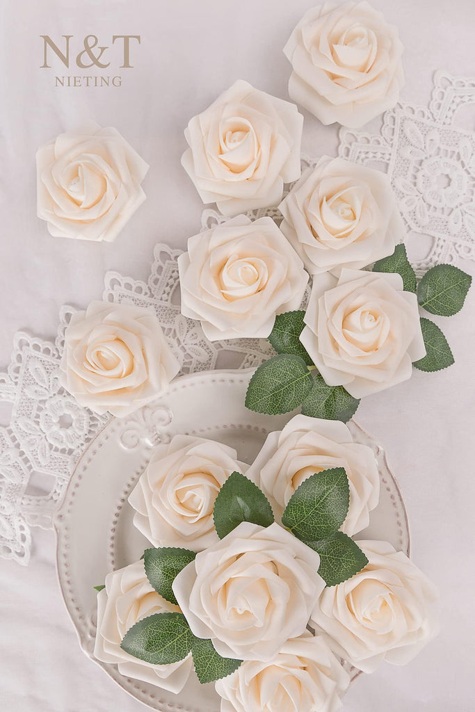 Artificial Flowers Real Touch Foam Rose Flower with Stems Decoration, 50Pcs