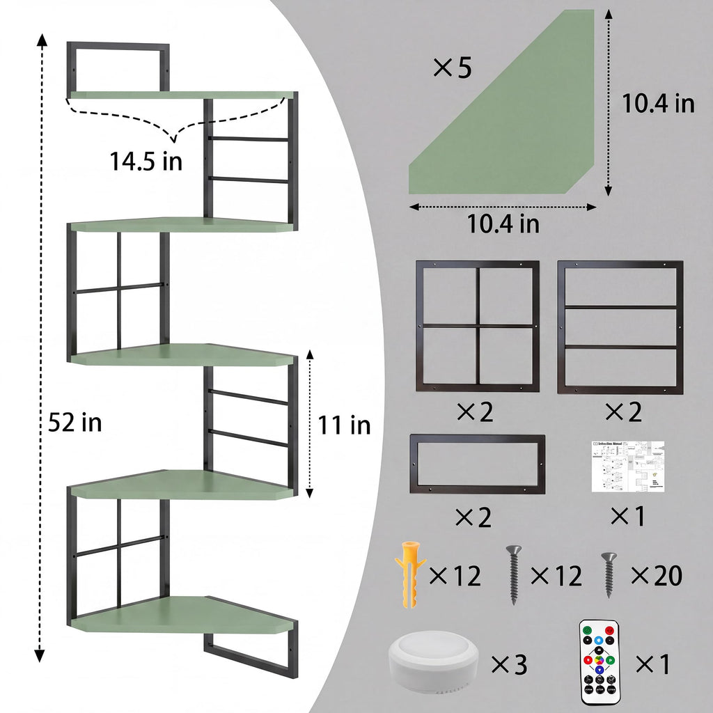 Floating Corner Shelves with Light - 5 Tiers Metal Corner Shelf Wall Mounted Living Room Office Kitchen