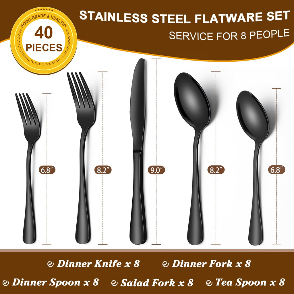 Black Silverware Set Service for 8, Stainless Steel Flatware Set