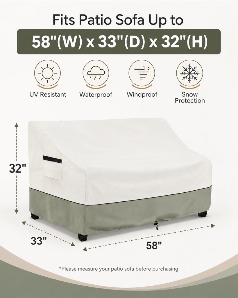Outdoor 2-Seater Loveseat Cover, Patio Sofa Covers Fits up to 58W x 32.5D x 31H Inches, 100% Waterproof Heavy Duty