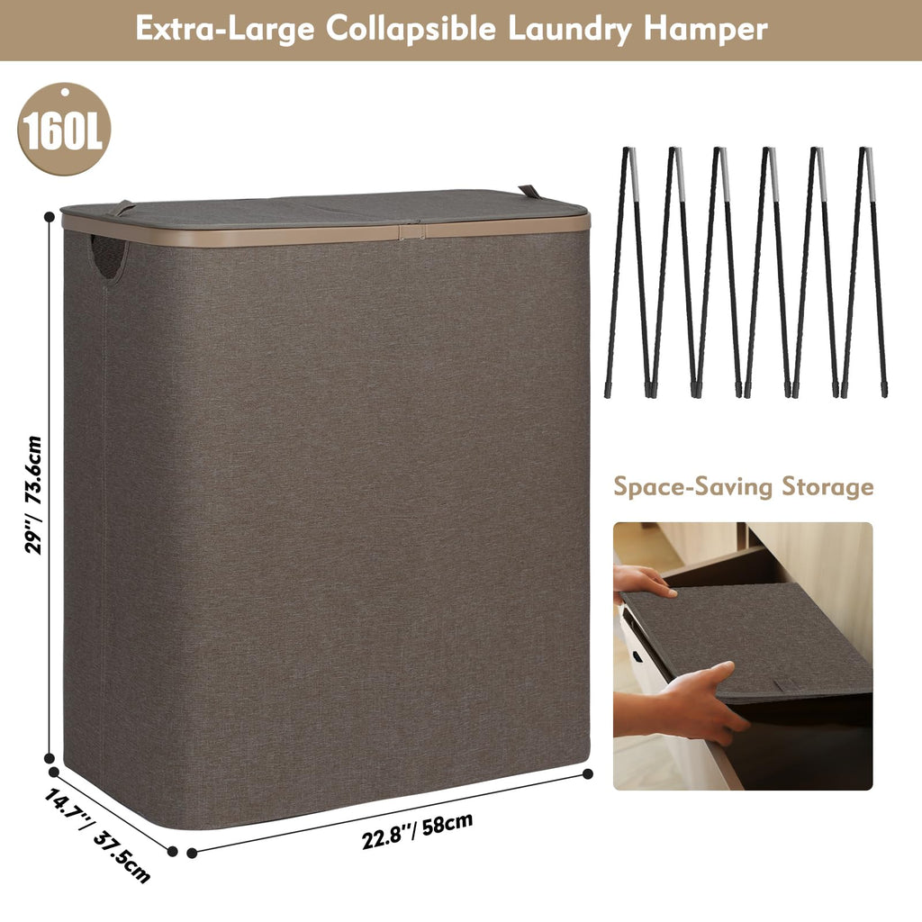 160L Double Laundry Basket Hamper with Lid & Removable Bags, Khaki
