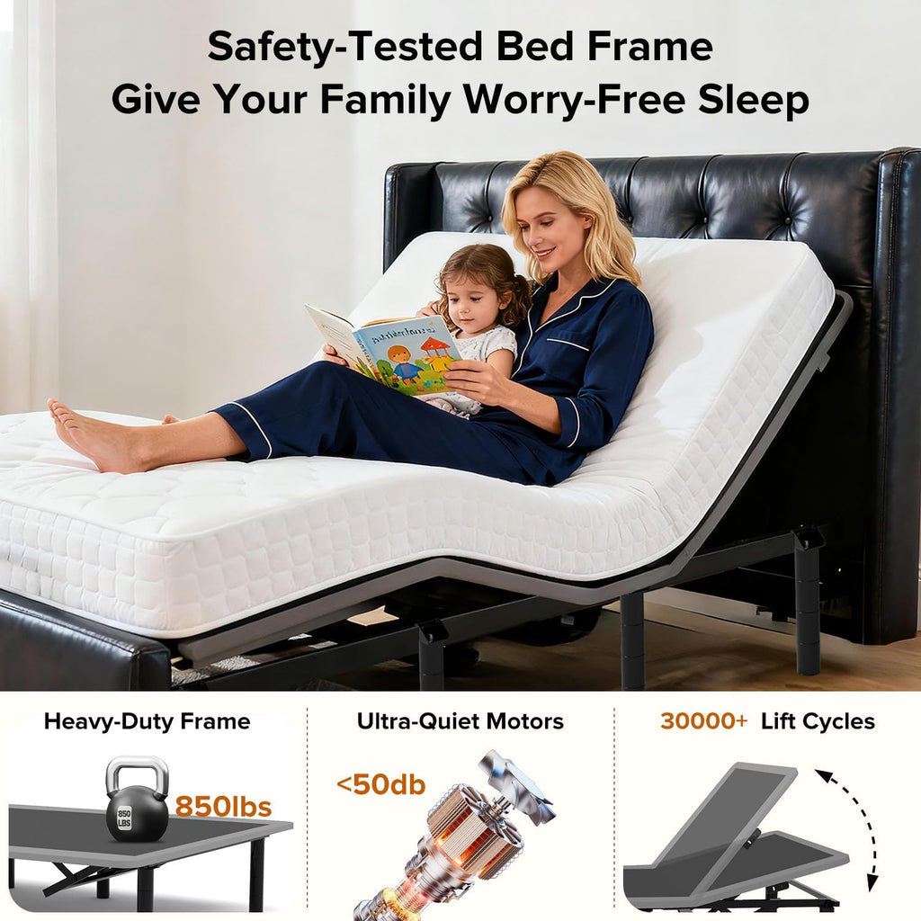 Queen Adjustable Bed Frame with Massage Head & Foot Incline, Wireless Remote, USB Ports & LED Night Light - Sturdy
