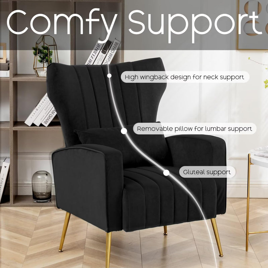 Accent Chair, Wingback Armchair, HighBack Reading Chair with Golden Metal Legs Lumbar Pillow, Upholstered Single Sofa