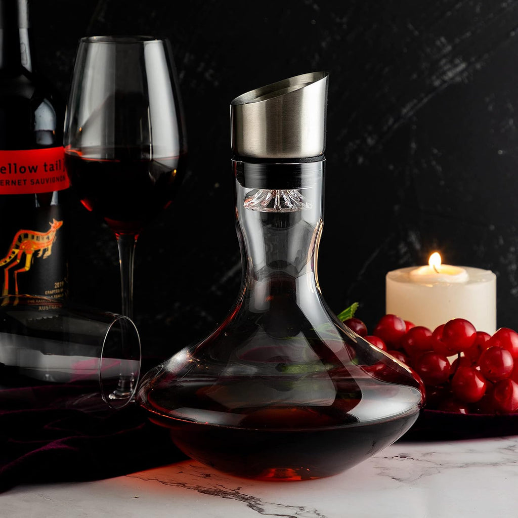 Wine Decanter,Red Wine Carafe,Decanter with Built-in Aerator Pourer, 100% Hand Blown Lead-free Crystal Glass