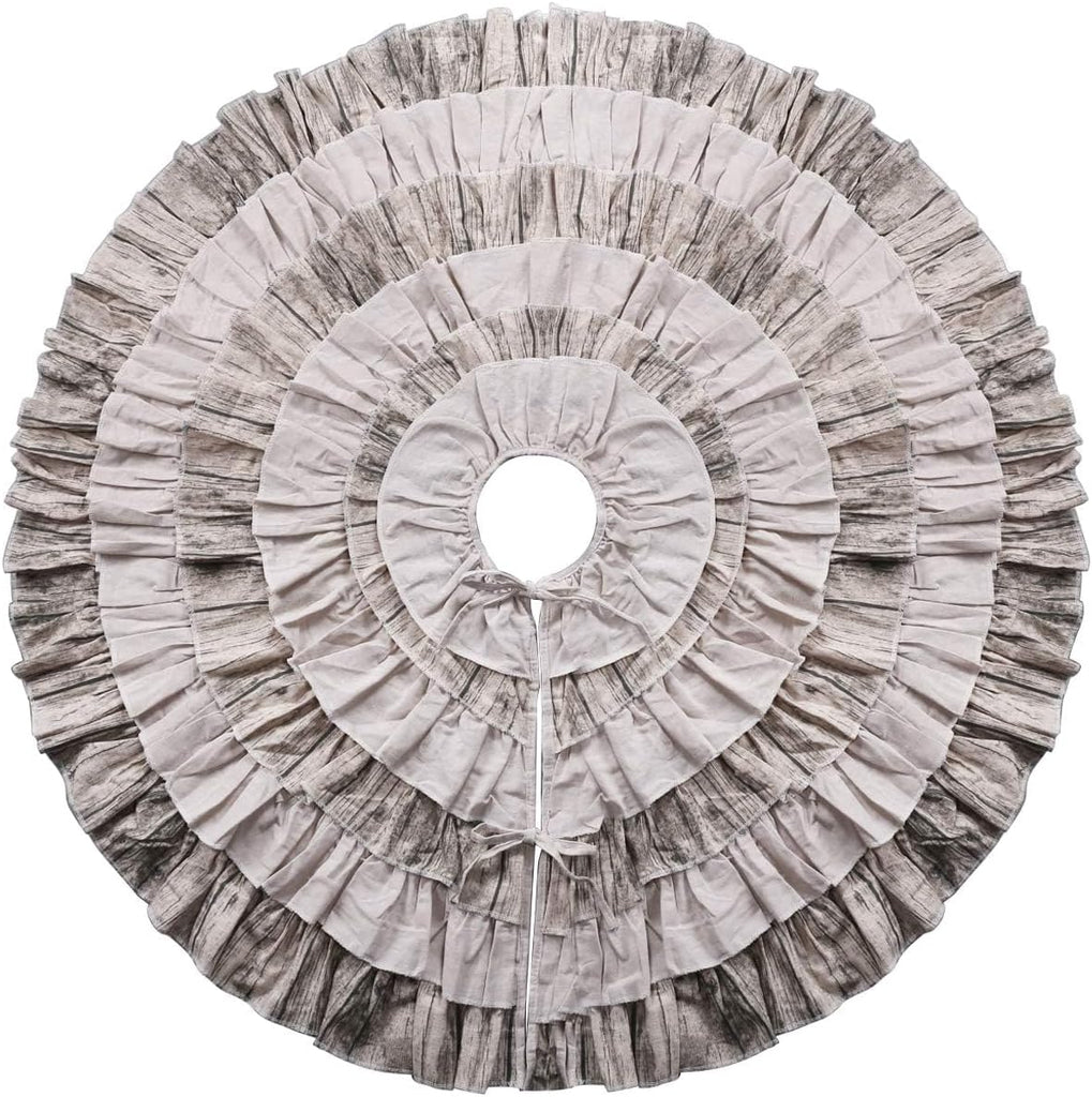48 Inch Western Farmhouse Tree Skirt, 6-Layer Ruffled Wood Grain & Burlap Design, Rustic Country Cowboy Holiday