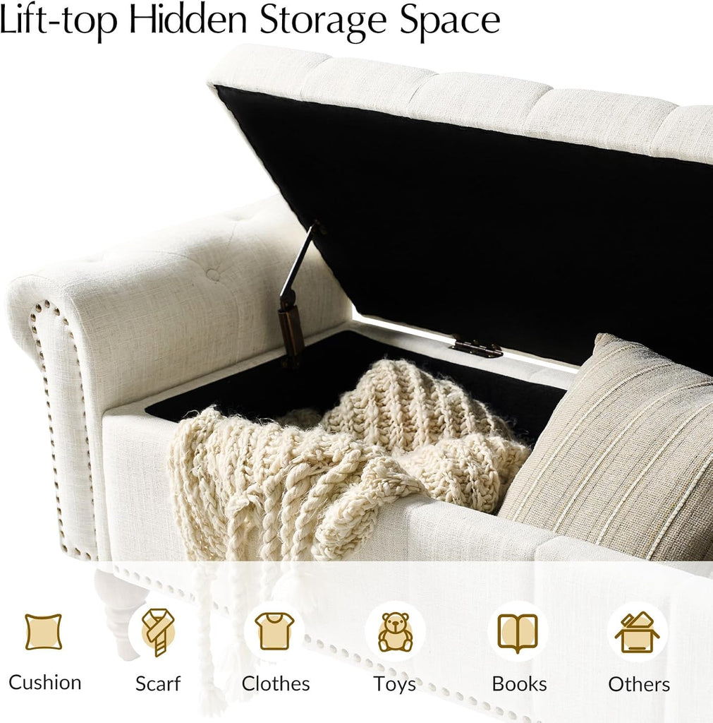 Farmhouse Storage Bench, Ivory | End of Bed Bench with Vintage Button-Tufted Design, Bedroom Bench with Storage