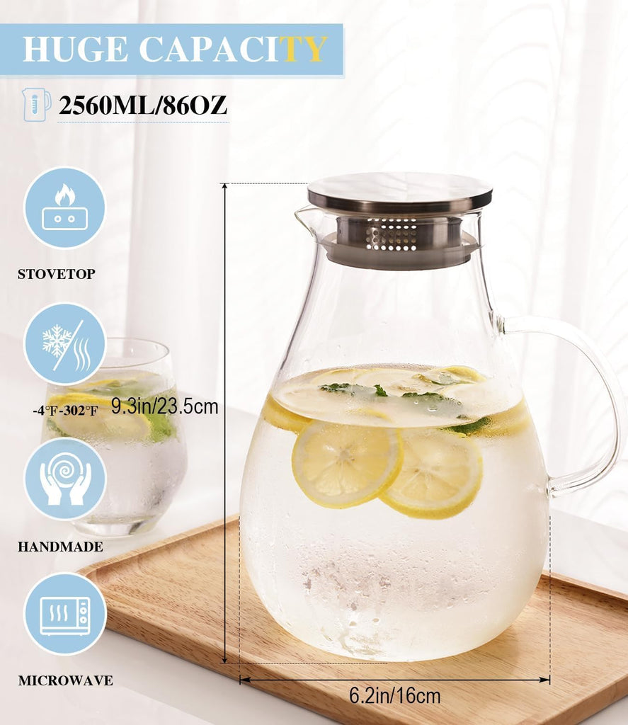 Glass Pitcher, 86oz Glass Water Pitcher with Lid and Handle, Large Borosilicate Hot/Cold Water Jug for Iced Tea