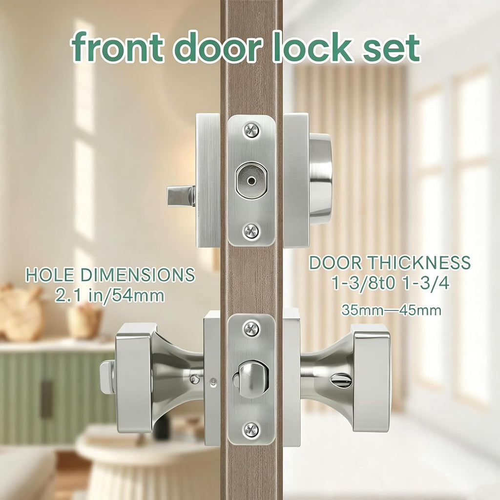 Satin Nickel Deadbolt and Door Knob Set - Square Exterior Door Knob with Deadbolt, Heavy Duty Keyed Alike for Front