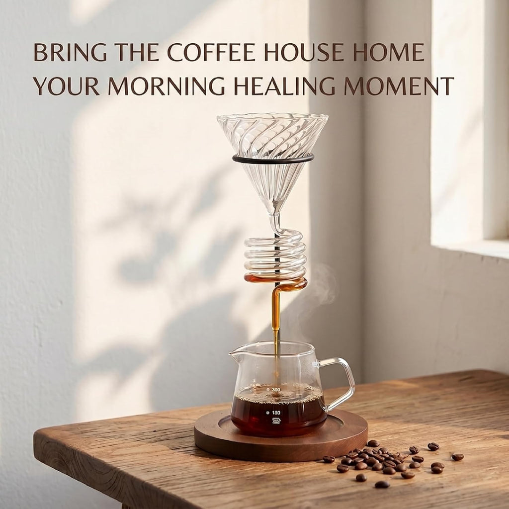Pour Over Coffee Maker Set - 3PCS Featuring Spiral-Ribbed Dripper, Raised Walnut Wooden Stand, and 400ml Elegant