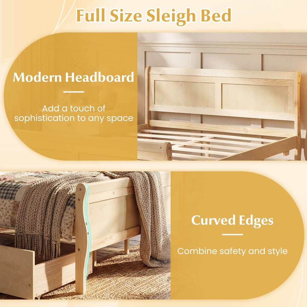 Full Bed Frame with 2 Storage Drawers, Wood Platform Bed with Headboard & Footboard, Wooden Slats Support Mattress