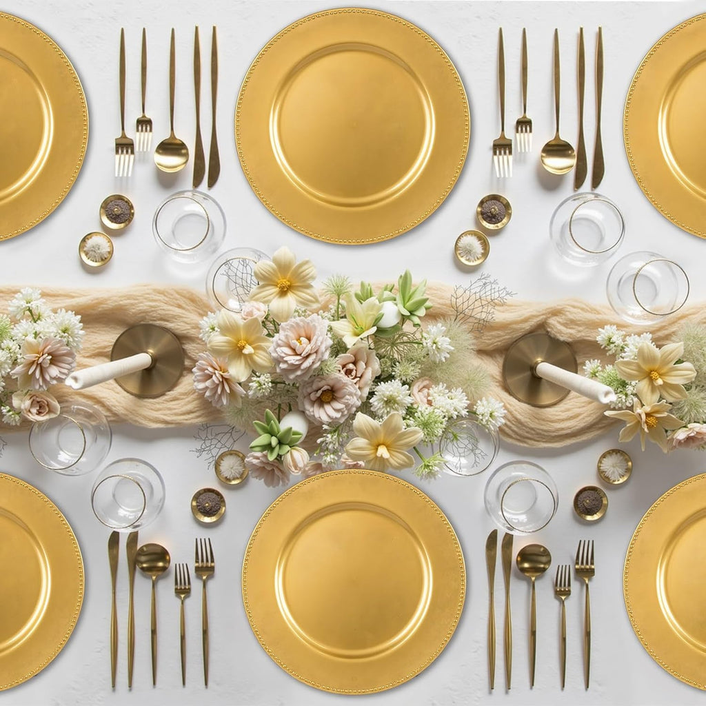 Gold Charger Plates, 13 Inch Plastic Round Gold Chargers for Dinner Plates with Beaded Rim, Reusable Plastic - Set of 50