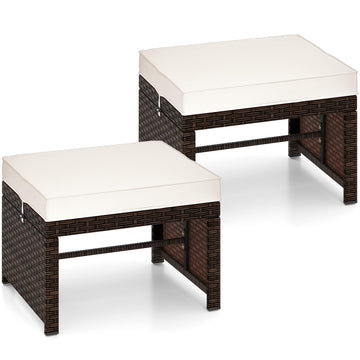 Wicker Outdoor Ottoman Set of 2 - Rattan Footstools Foot Rest w/Removable Cushions, Multipurpose Side Table &