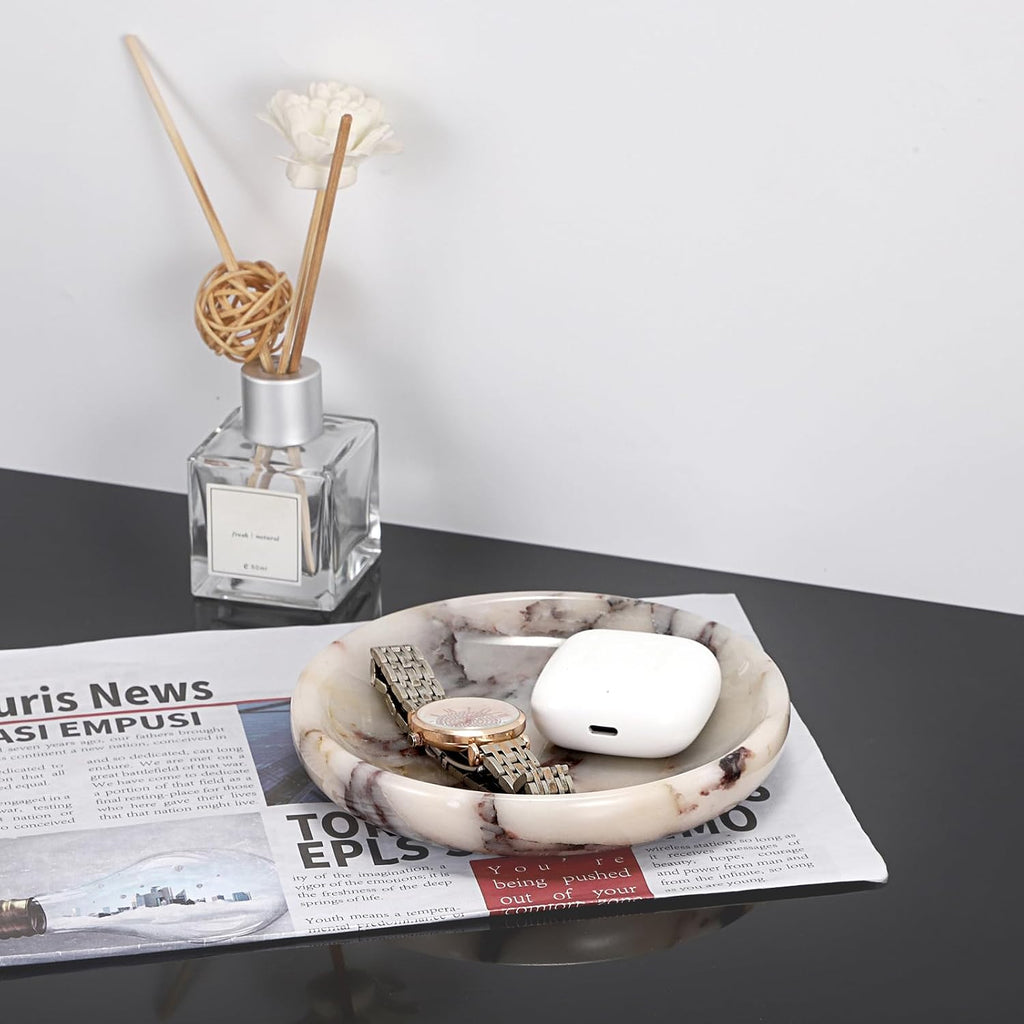 Decorative Key Holder for Entryway Table Round Key Bowl Marble Nightstand Organizer for Candle Jewelry Tray
