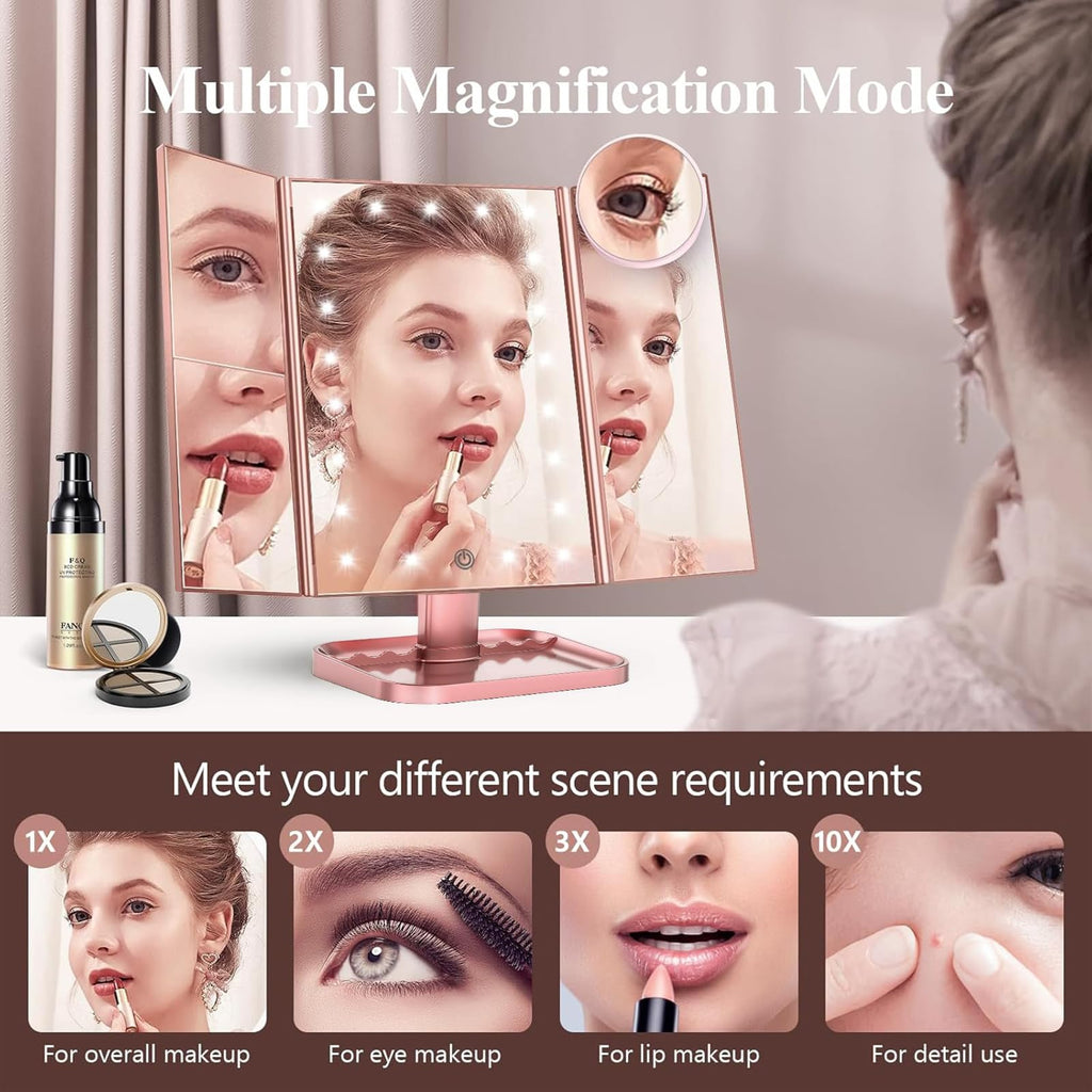 Magnifying Vanity Mirror with Light, Trifold Makeup Mirror