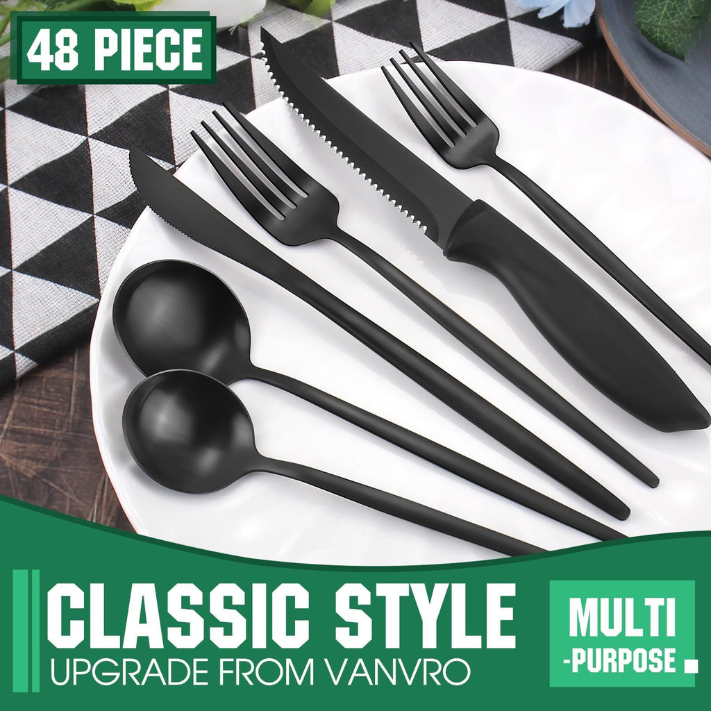 48 Pieces Matte Black Silverware Set with Steak Knives,Satin Finish tableware Cutlery Set,Black Flatware Set