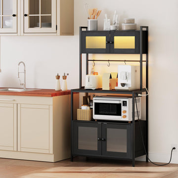 Bakers Rack with Storage Cabinet, 5-Tier Coffee Bar with Power Outlet and LED Lights, Industrial Microwave Oven Stand