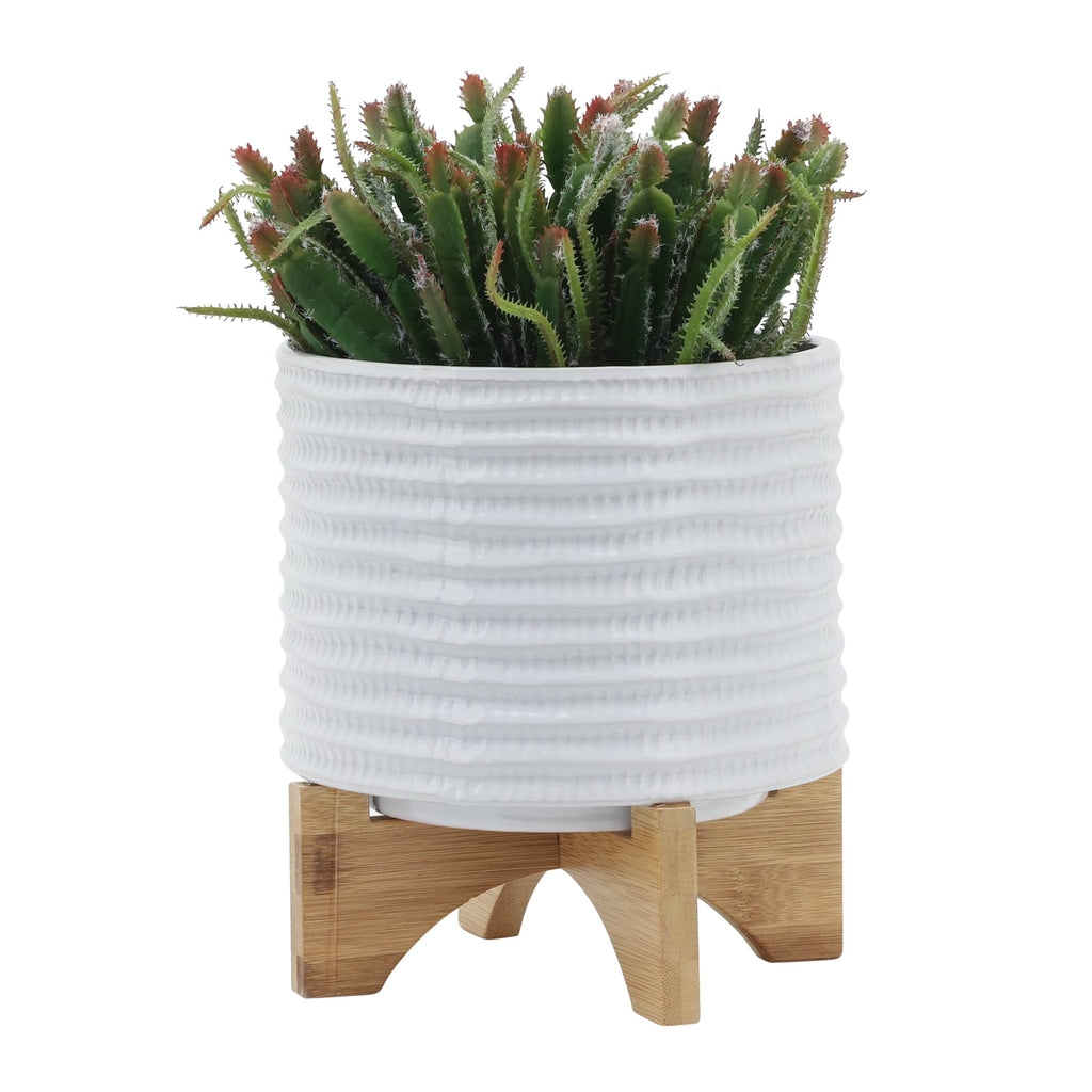Ceramic Planter with Bamboo Stand - Modern Home Decor Indoor Plant Pot with Textured Stoneware Design - Decorative