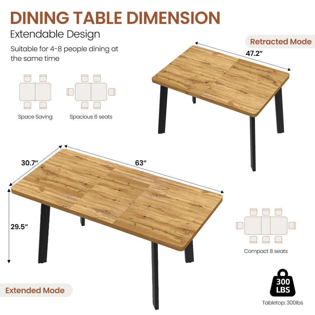 Modern 47.2"-63" Extendable Rectangular Dining Room Table, Walnut