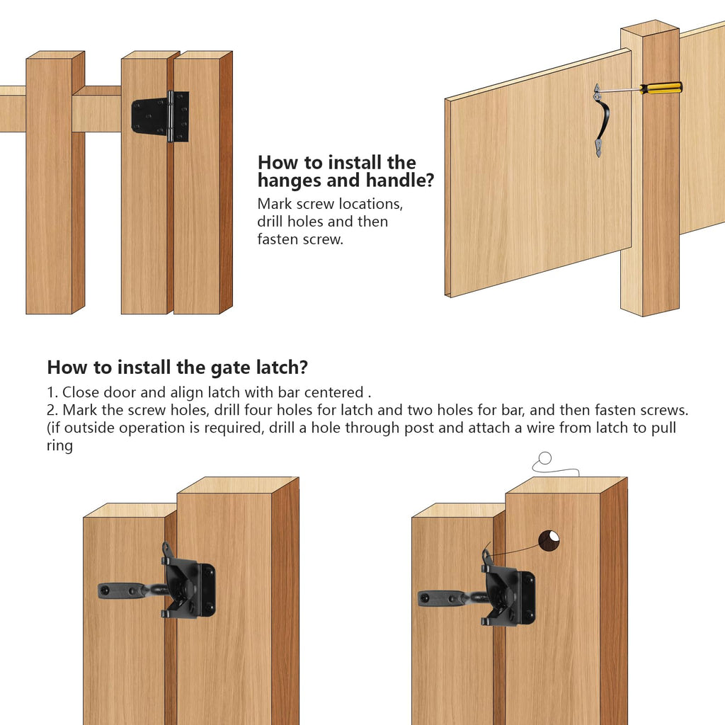 Fence Gate Hardware Kit, 3-1/2" Heavy Duty Gate Hinges, Latch and Handle