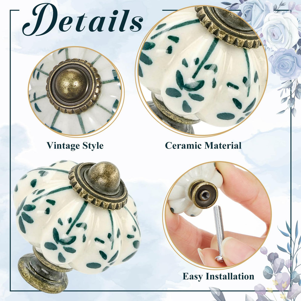 30 Pcs Ivory Pumpkin Knobs, Vintage Cabinet Knobs, Green Floral