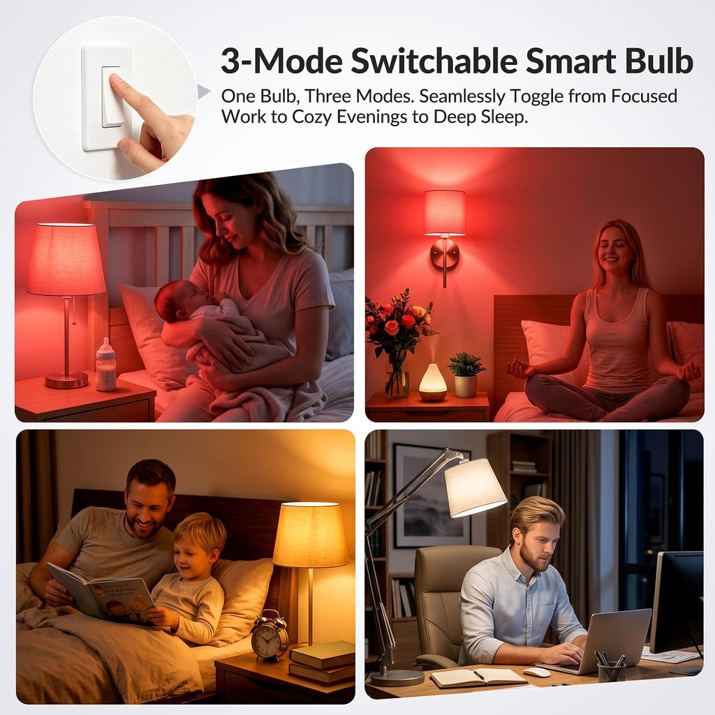 E26 7W A19 Block Blue Light Sleep Light Bulb, 625nm Red Light Melatonin-1800K Amber Light-4000K Natural Daylight, LED