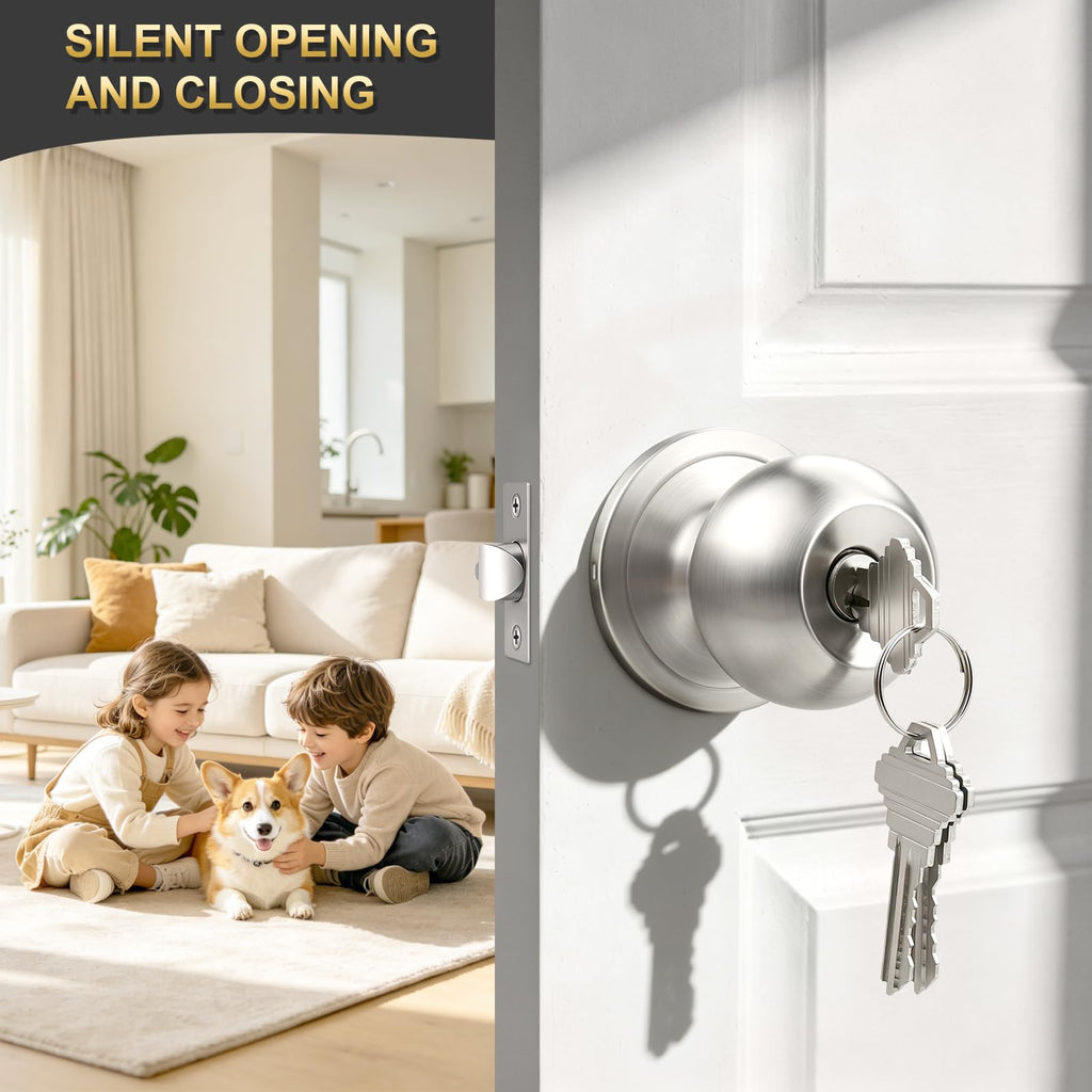 2 Pack Entry Door Knob with Lock, Keyed Different Door Lock for Exterior Door and Front Door, Standard Ball, Satin
