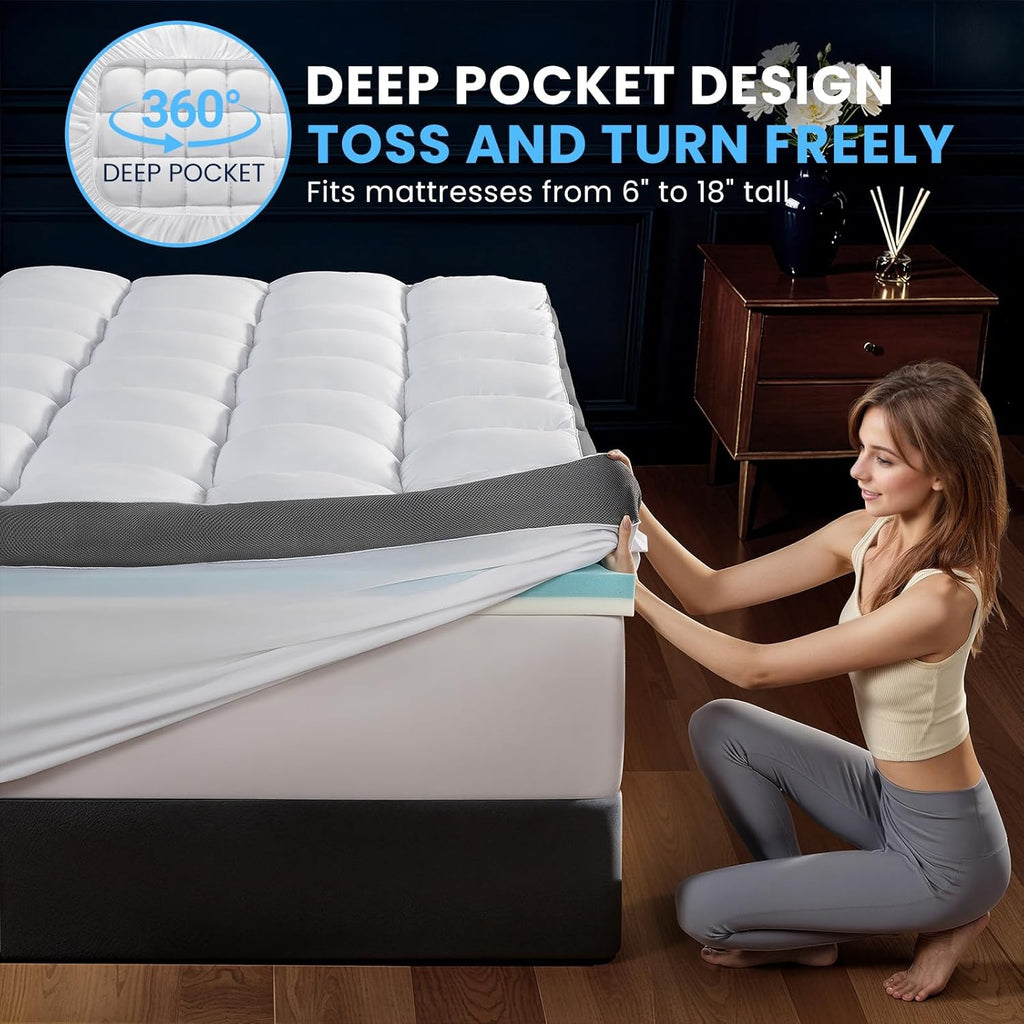 5 Inch Dual Layer Memory Foam Mattress Topper - 2.5 Inch 1500GSM Fluffy Soft Pillow Top Mattress Cover and 2.5 Inch