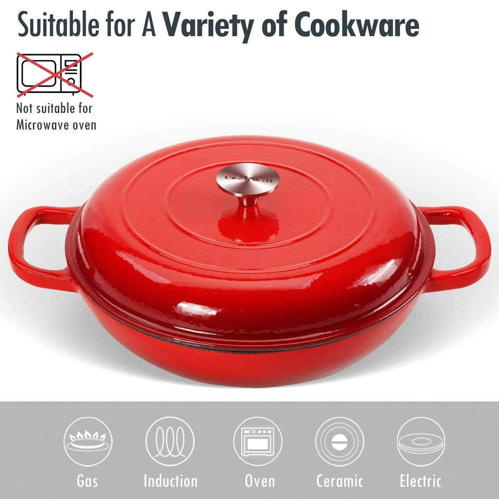 3.8 Quart Enameled Cast Iron Braiser Pan with Lid, Shallow Dutch Oven, Red