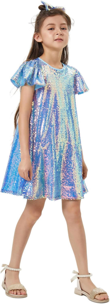 Sequin Dress Shiny Short Flutter Sleeve Midi Sparkly Party Dress with Hairbow