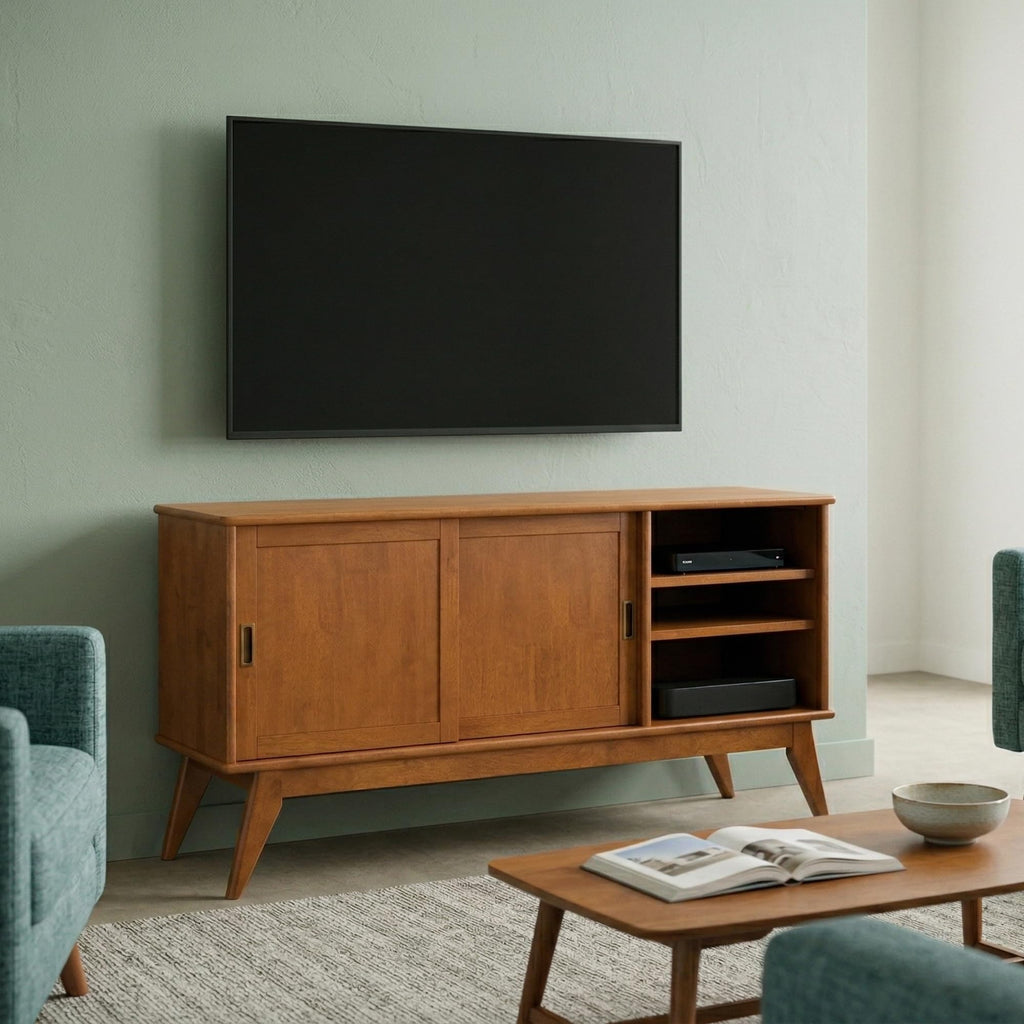 Draper 60" Wide Solid Wood TV Stand in Teak Brown