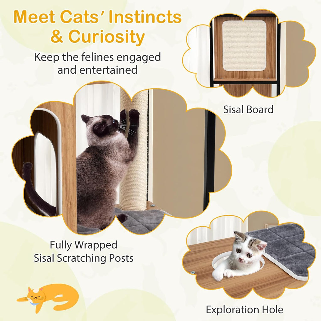 52-inch Wood Cat Tree for Indoor Cats, Multi-Level Solid Metal Framed Wooden Cat Tower with Sisal Scratching Posts