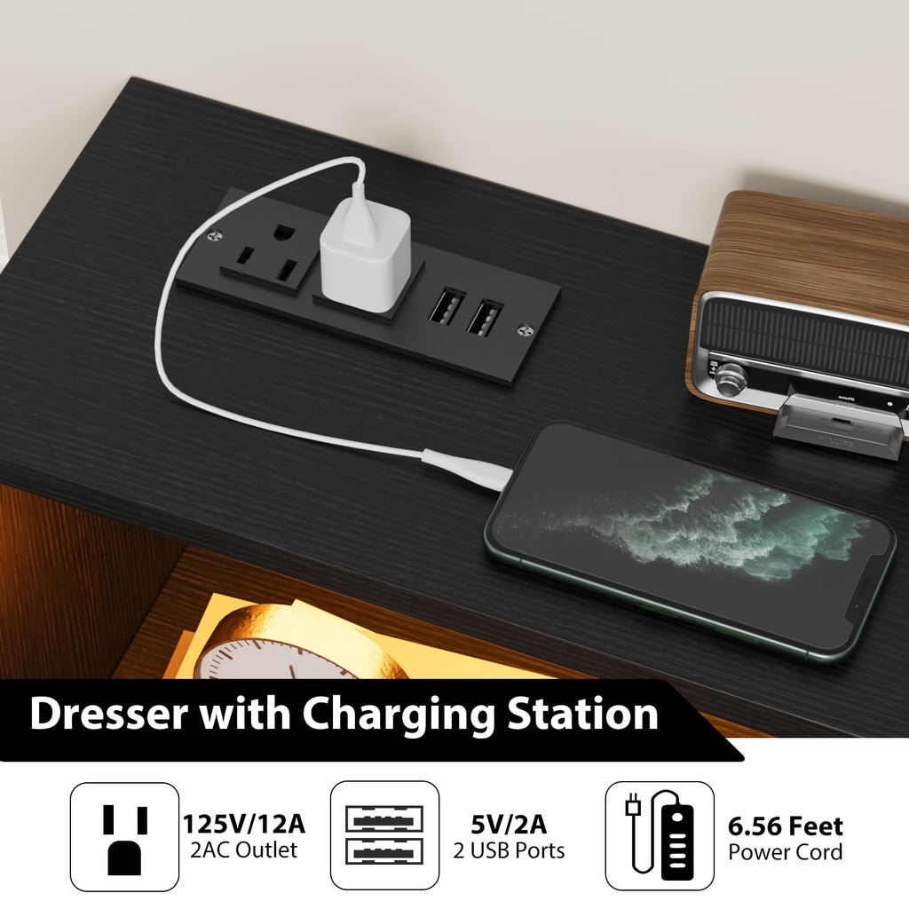 6 Drawer Dresser with LED Lights & Charging Station, Wooden Black Dresser, Modern TV Stand Dressers & Chests of