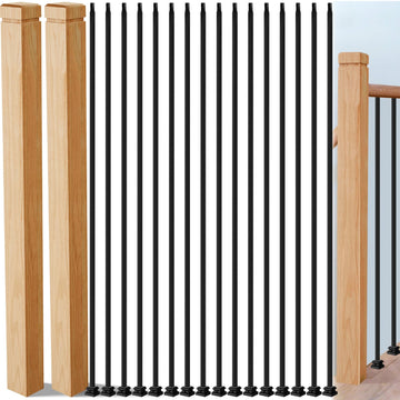 Stair Railing Kit, 16 Iron Balusters with Shoes and 2 Solid Red Oak Newel Posts, Complete Staircase Upgrade Set for