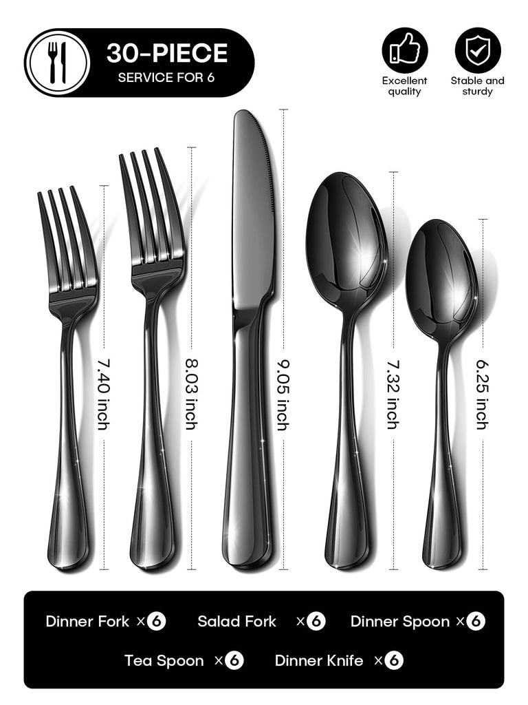 30 Piece Black Silverware Set, Flatware Set for 6 Food-Grade Stainless Steel Cutlery Utensils Include Spoon Knife